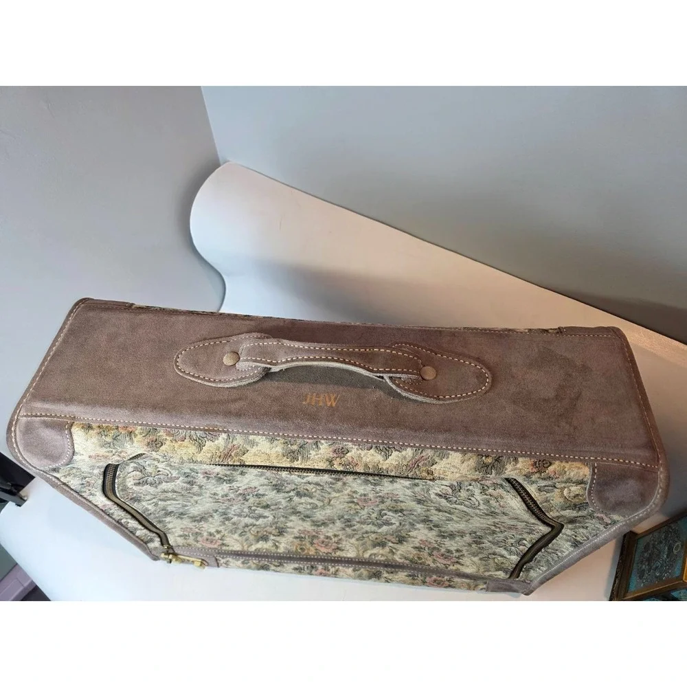 Vintage Suitcase French Luggage Co Gray Floral Rose Tapestry & Suede Leather 23